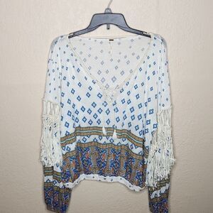 Free People Macra Maze Me Blouse Women's Medium White Bohemian Print Fringe